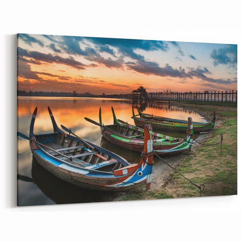 Sunset Serenity Myanmar Wall Art - Traditional Boats at U Bein Bridge