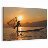 Sunset Silhouette of Fisherman Myanmar Wall Art - Inle Lake Heritage