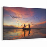 Sunset Fishermen Casting Nets Myanmar Wall Art - Vibrant Scenic Beauty