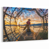 Traditional Fishermen Framed in Net Myanmar Wall Art - Inle Lake Scene