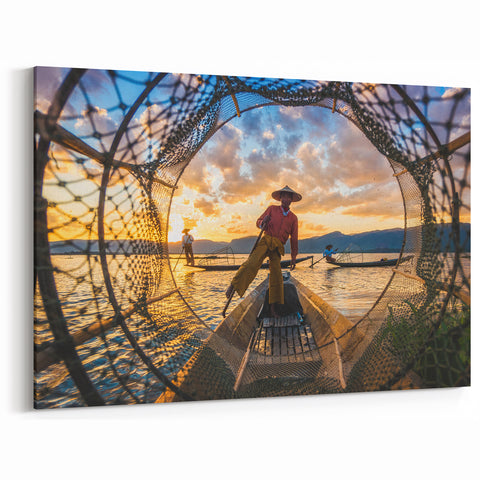 Traditional Fishermen Framed in Net Myanmar Wall Art - Inle Lake Scene