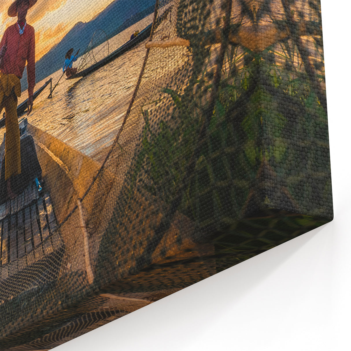 Traditional Fishermen Framed in Net Myanmar Wall Art - Inle Lake Scene