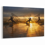 Fishermen in Golden Light Myanmar Wall Art - Inle Lake Morning Scene