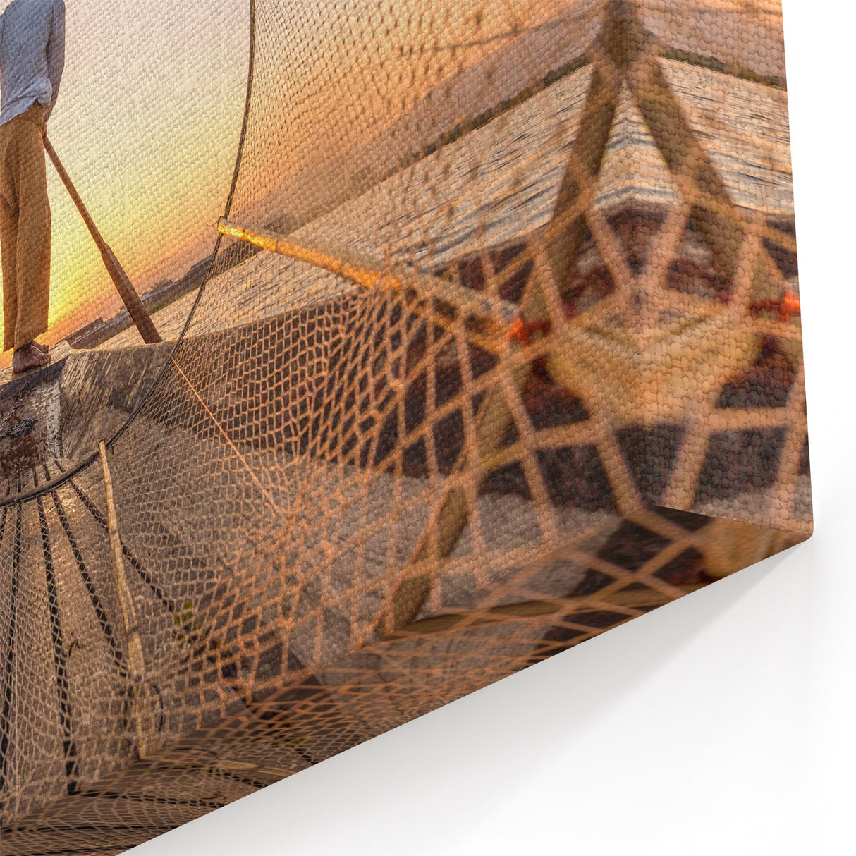 Fisherman Framed by Net Myanmar Wall Art - Golden Sunrise at Inle Lake