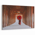 Monk with Red Umbrella Myanmar Wall Art - Tranquil Temple Corridor Scene