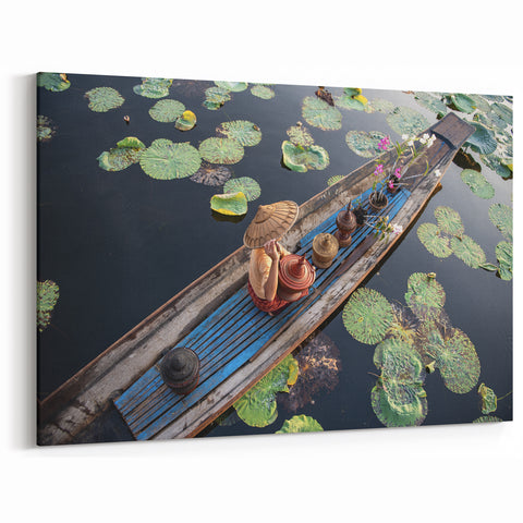 Lily Pad Boat Journey Myanmar Wall Art - Peaceful Water and Nature Scene