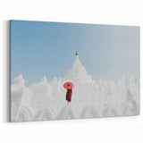 Monk with Red Umbrella Myanmar Wall Art - White Temple Minimalist Scene