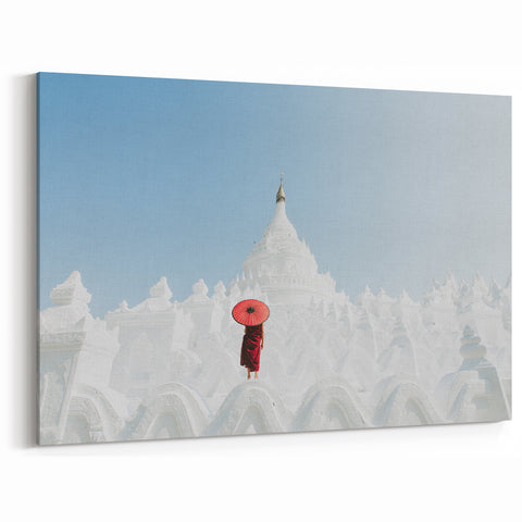 Monk with Red Umbrella Myanmar Wall Art - White Temple Minimalist Scene