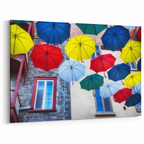 Colorful Umbrellas in Quebec Wall Art – Vibrant Street Photography Print