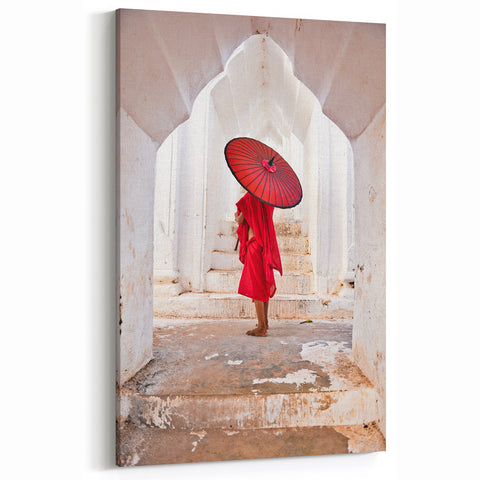 Monk with Red Umbrella Wall Art - Myanmar Culture & Architecture Prints