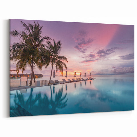 Maldives Sunset Wall Art - Tropical Poolside Canvas Prints with Palm Trees