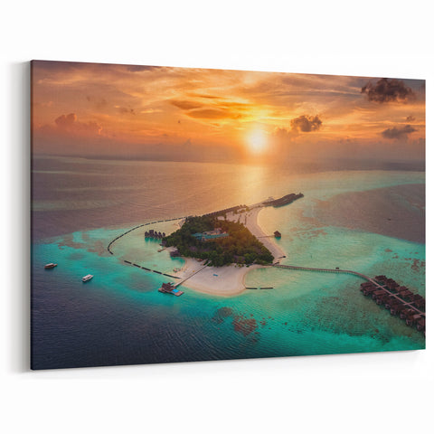 Golden Maldives Sunset Art - Scenic Island Aerial Canvas Print
