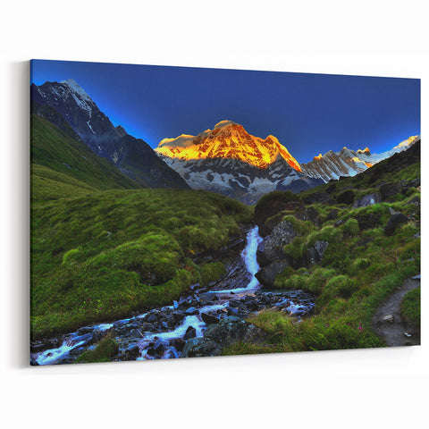 Himalayan Scenery Art - Sunrise Over Snow Capped Mountains and Stream