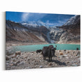 Traditional Nepali Artwork - Yaks by Alpine Lake and Majestic Peaks