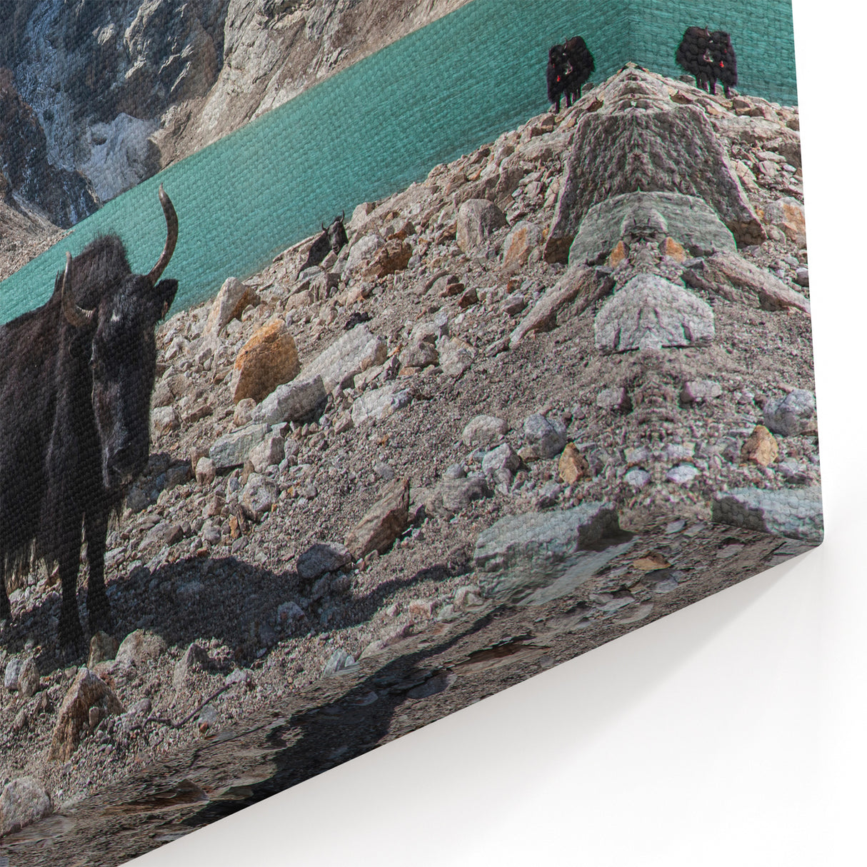 Traditional Nepali Artwork - Yaks by Alpine Lake and Majestic Peaks