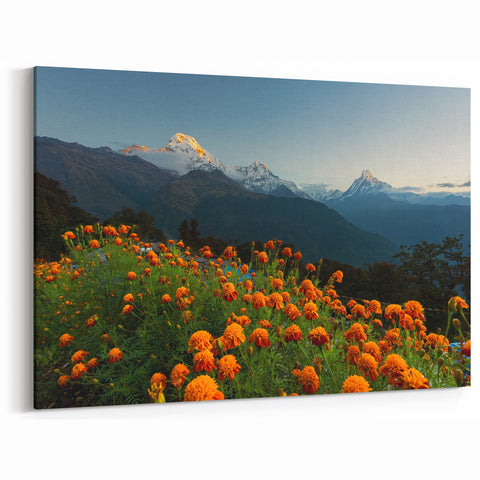 Traditional Nepali Artwork - Vibrant Marigold Flowers and Himalayan Peaks