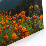 Traditional Nepali Artwork - Vibrant Marigold Flowers and Himalayan Peaks