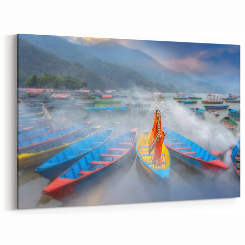 Traditional Nepali Artwork - Woman in Vibrant Dress on Misty Lake
