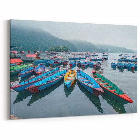 Traditional Nepali Artwork - Colorful Boats on Misty Lake in Nepal