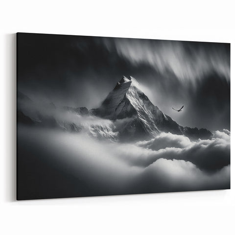 Black and White Art - Dramatic Himalayan Peak Shrouded in Clouds