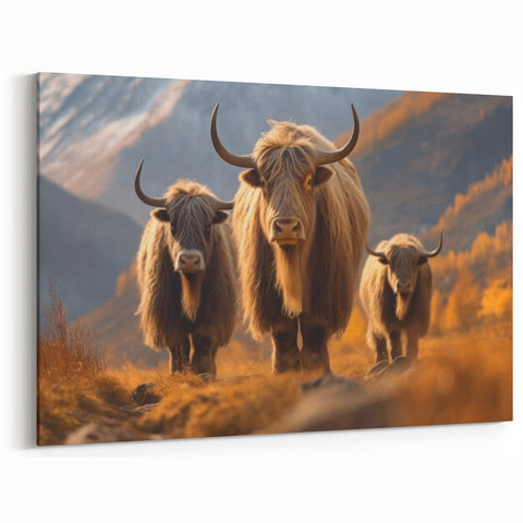 Traditional Nepali Artwork - Majestic Yaks in Golden Autumn Landscape