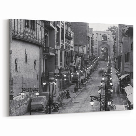 Lahore Old City Street Wall Art – Black and White Pakistani Cityscape Print