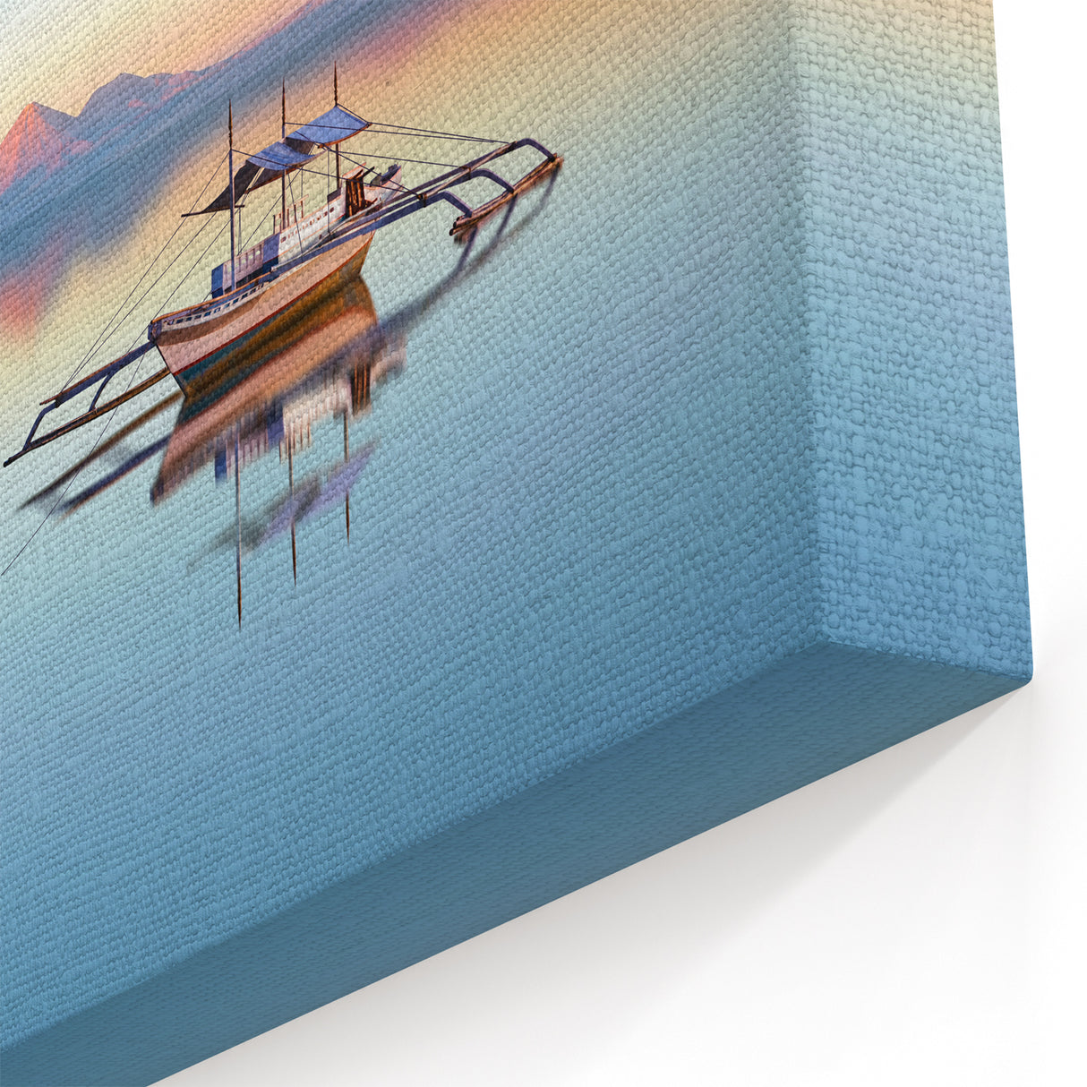 Filipino Landscape Prints - Serene Boat and Mountain Scene in Southeast Asia