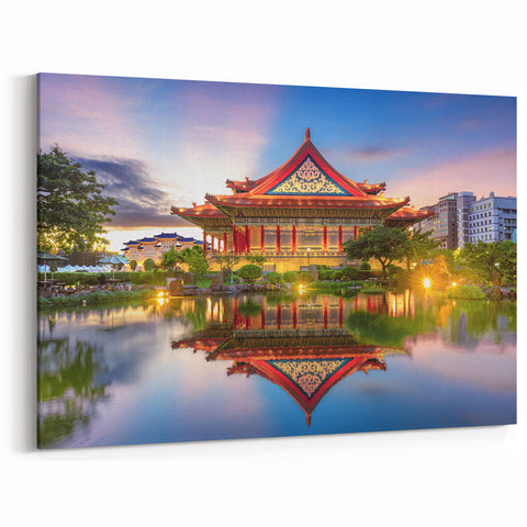 Taiwanese Temple Reflections - Serene Sunset Artwork