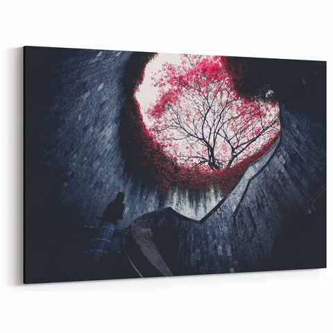Singapore Photography Prints – Spiral Staircase with Red Tree Canvas