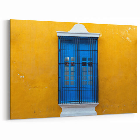 Yellow and Blue Yucatan Window Scene - Mexico Yucatan Wall Art Print