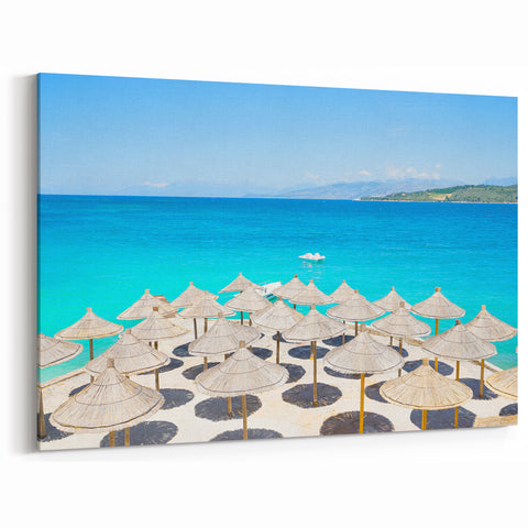 Albania Travel Poster - Serene Beach Umbrellas on the Albanian Coast