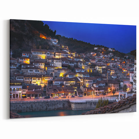 Albania Canvas Art - Night View of Historic Berat Cityscape