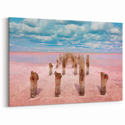 Wooden Posts in Pink Lagoon - Mexico Yucatan Wall Art Print