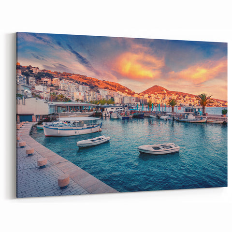 Albania Canvas Art - Sunset Harbor View in Saranda