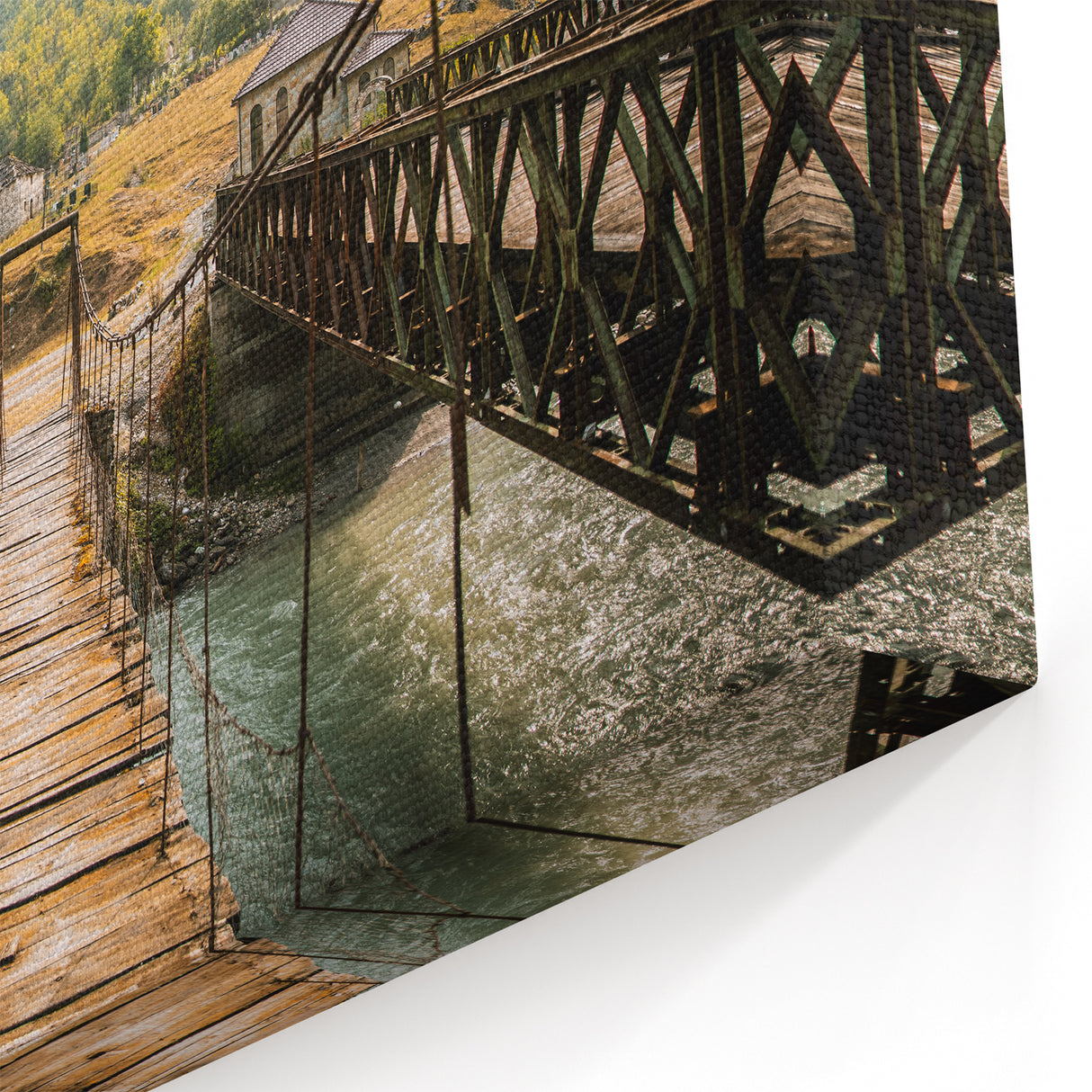Albanian Landscape Print - Rustic Bridge and Mountain Village Albania Art
