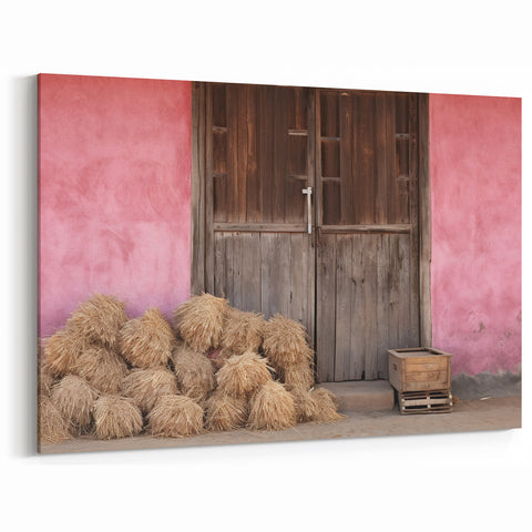 Albania Canvas Art - Rustic Hay Bales and Wooden Door Scene Decor