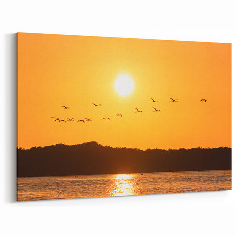 Yucatan Canvas Art - Flamingos in Flight at Sunset over Scenic Lagoon