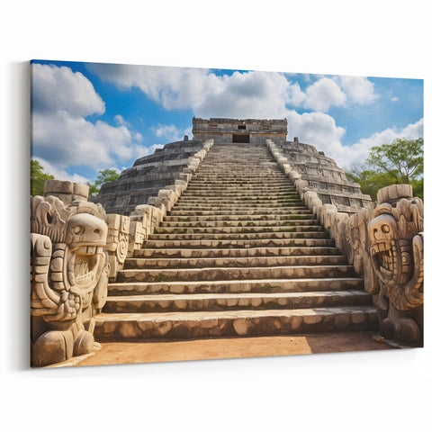 Mayan Ruins Art - Iconic Yucatan Pyramid with Stone Serpents Decor