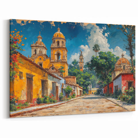 Yucatan Canvas Art - Historic Mexican Street with Vibrant Colonial Architecture