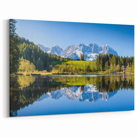 Austrian Landscape Art - Peaceful Alpine Lake and Snow-Capped Mountains