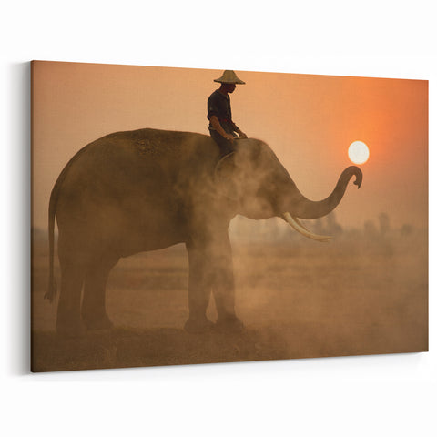 Sri Lanka Canvas Art - Elephant and Mahout at Sunset on Canvas