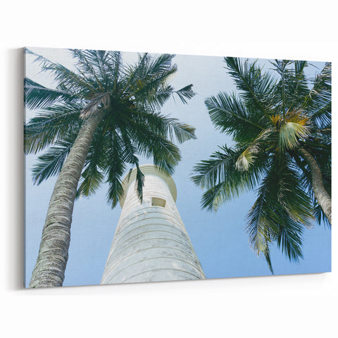 Sri Lanka Artworks - Lighthouse and Palm Trees Under Blue Sky Canvas Print