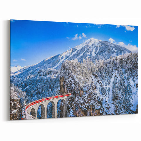 Austrian Alps Artwork – Winter Train Journey Through Snow-Covered Mountains