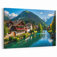 Austria Wall Art – Peaceful Alpine Village by River with Mountain Backdrop