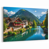 Austria Wall Art – Peaceful Alpine Village by River with Mountain Backdrop