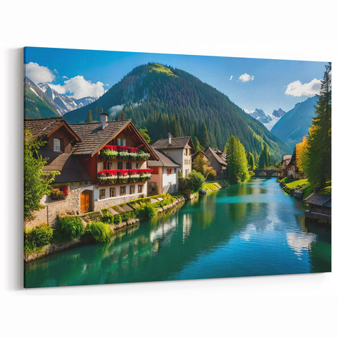 Austria Wall Art – Peaceful Alpine Village by River with Mountain Backdrop