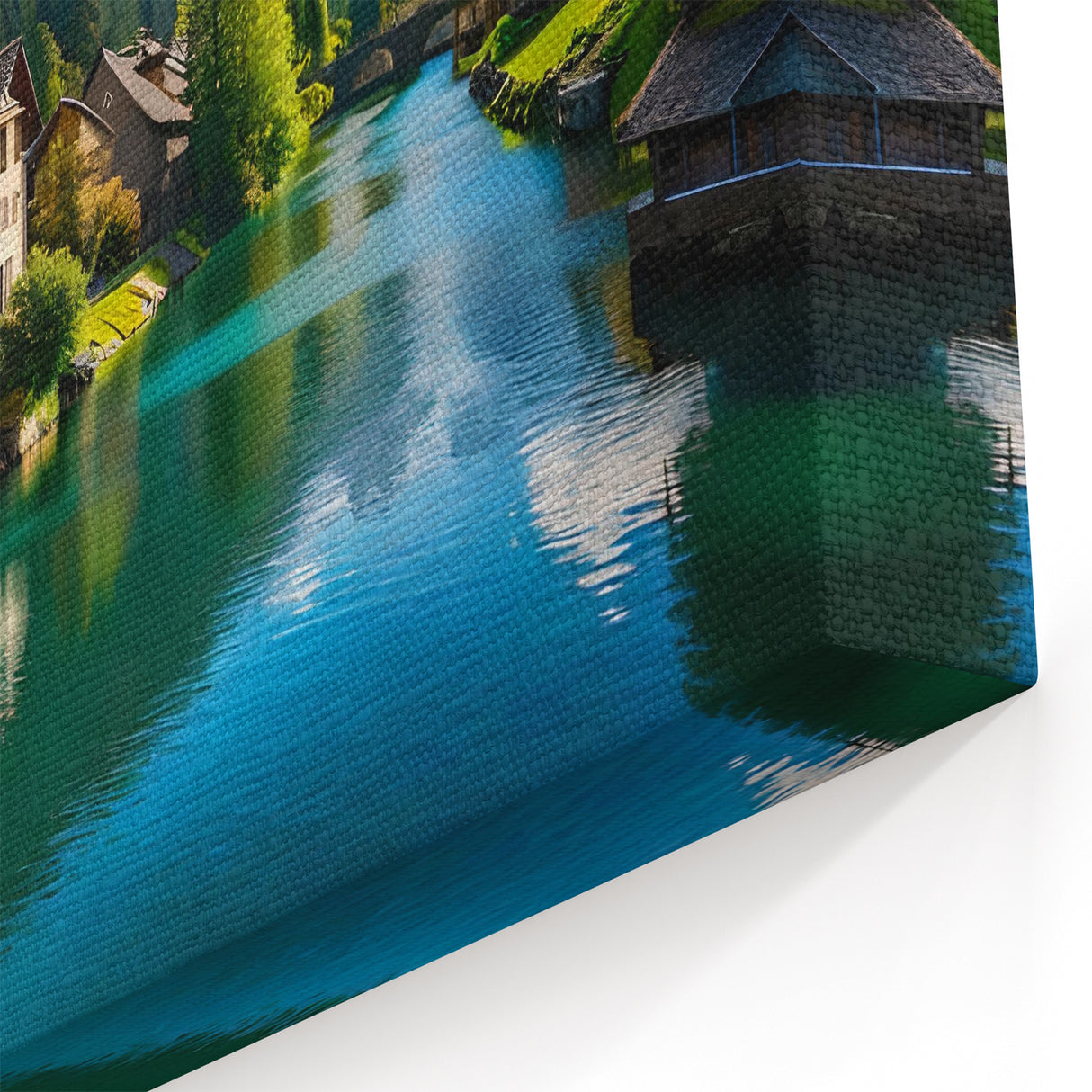 Austria Wall Art – Peaceful Alpine Village by River with Mountain Backdrop