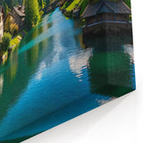 Austria Wall Art – Peaceful Alpine Village by River with Mountain Backdrop