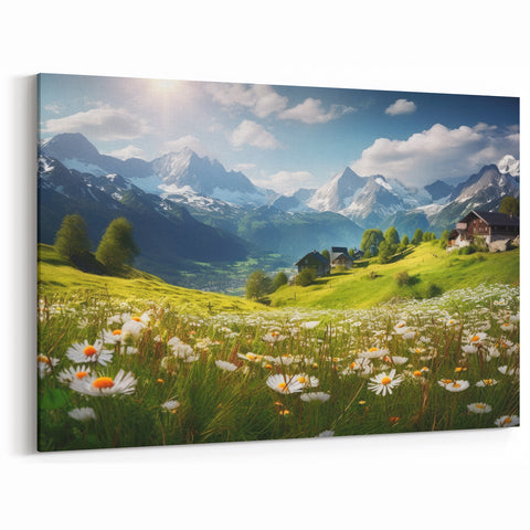 Austrian Landscape Art – Majestic Alpine Meadow with Snowy Mountain Peaks