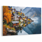 Salzburg Art Prints – Charming Lakeside Village in Autumn with Misty Mountains